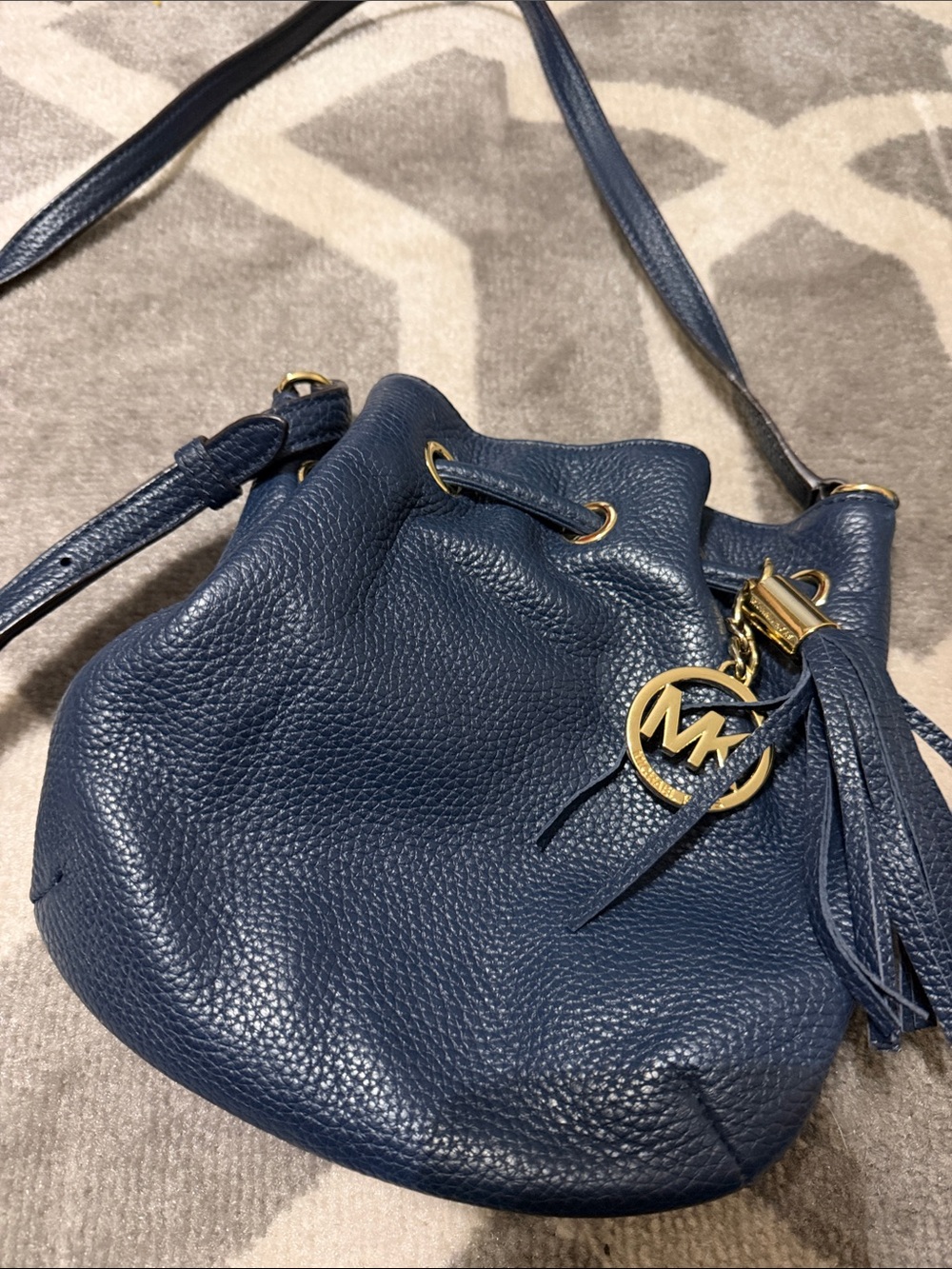 Michael Kors Navy Pebbled Leather Drawstring Shoulder Bag with Gold Hardware